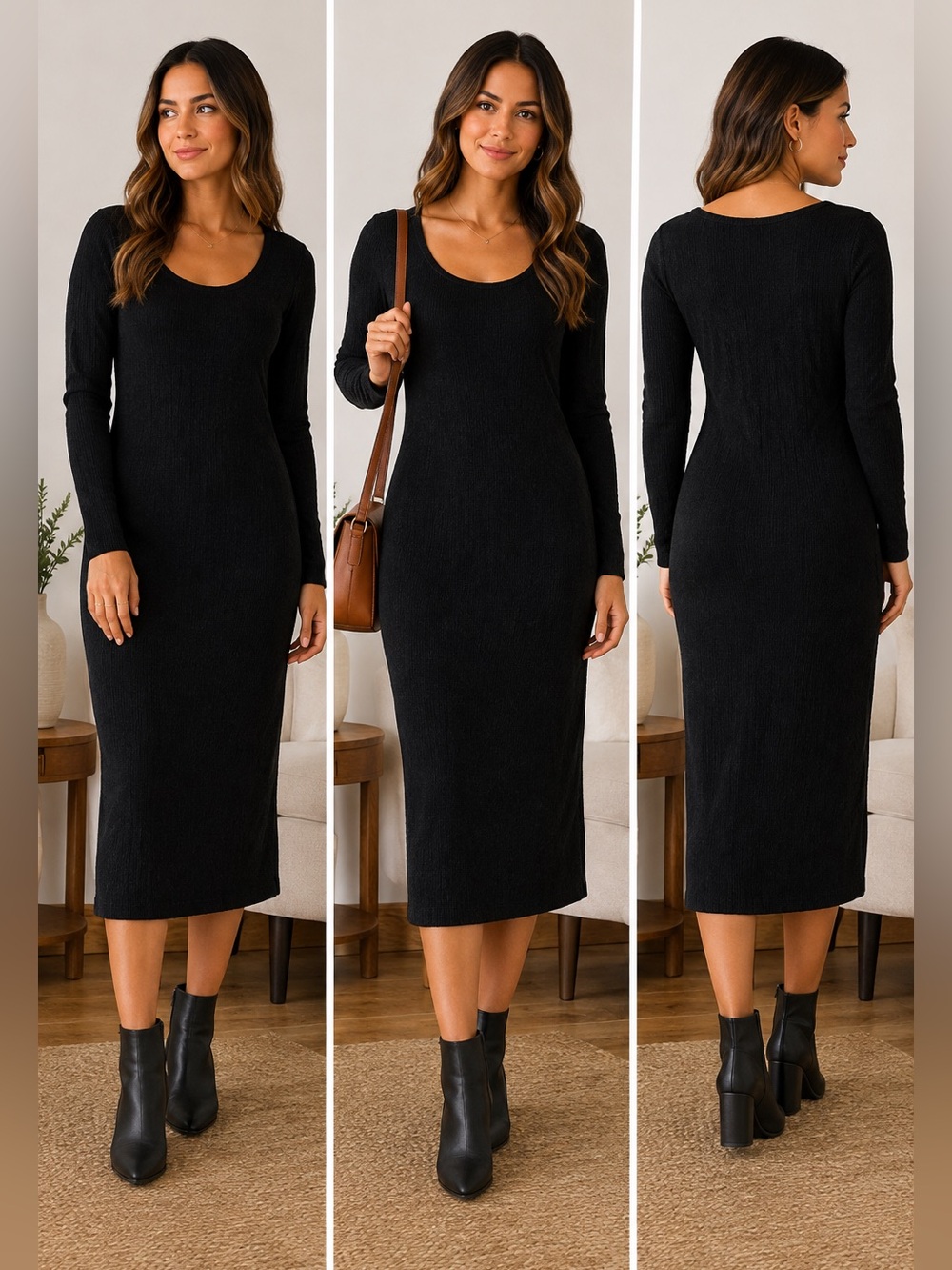 Universal Thread Women’s Black Ribbed Long Sleeve Midi Sweater Dress NWT